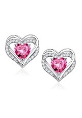 dazzling silver heart pink Sapphire birthstone baby earrings